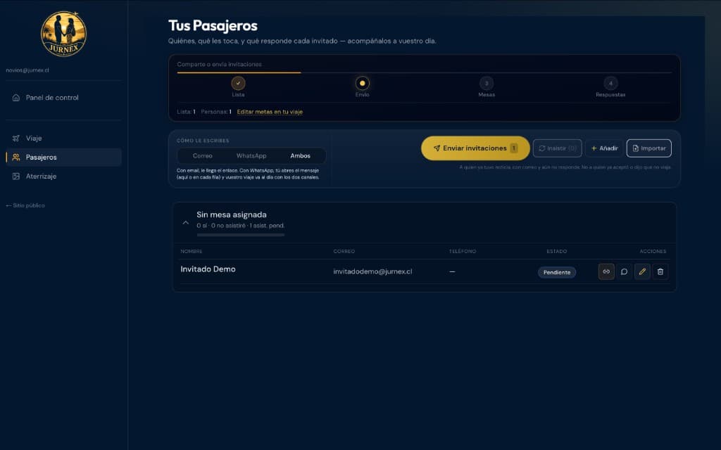 Vista de gestión de pasajeros: envío de invitaciones y lista de invitados